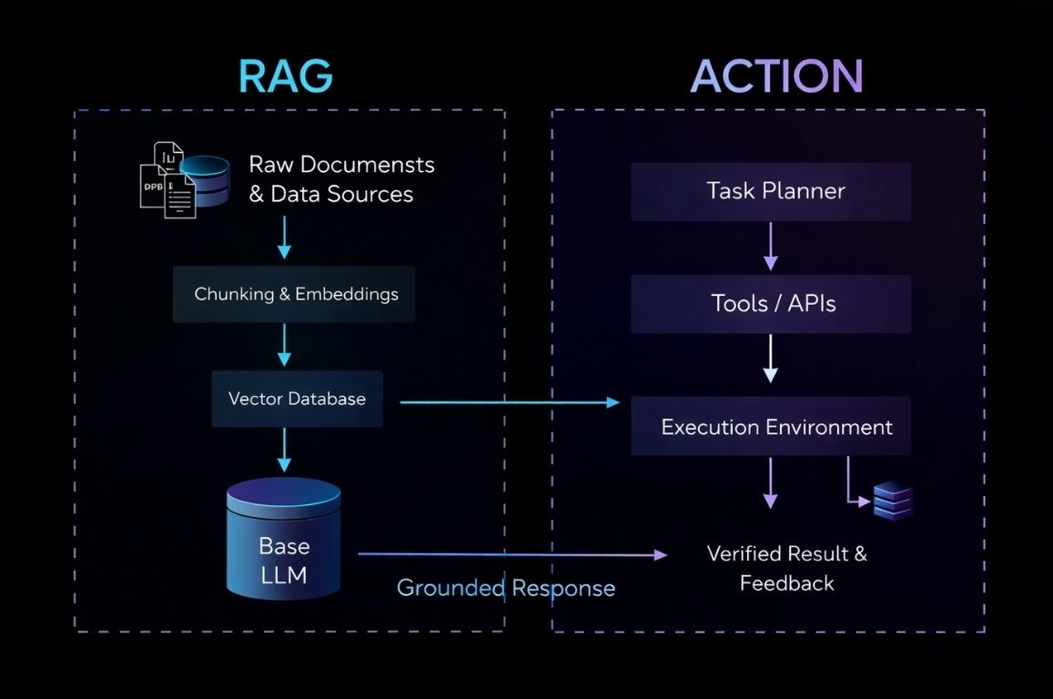 RAG AI Chatbot: Stop AI Hallucinations and How to build one 7 Dark diagram showing RAG pipeline feeding an action layer for enterprise AI agents.