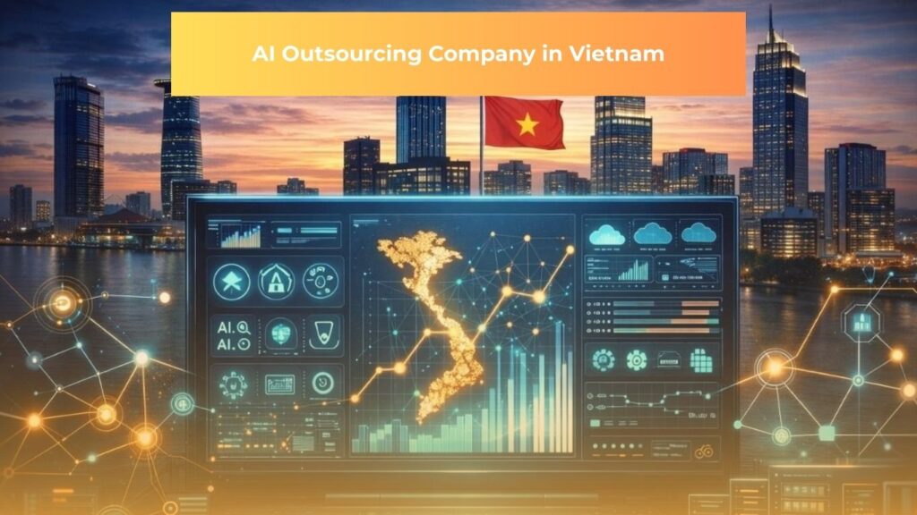 Professional visualization of Vietnam's AI infrastructure showing interconnected technology nodes, data visualization dashboards, and server systems representing enterprise-grade AI outsourcing capabilities
