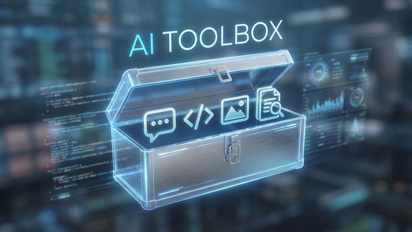 Futuristic digital toolbox illustration filled with icons representing the top AI prompt tools and resources for beginners.