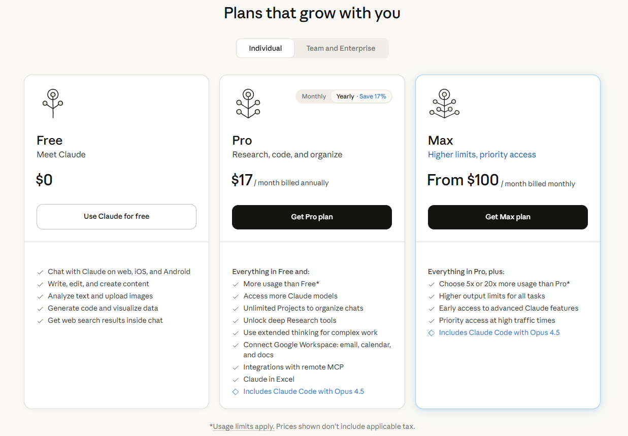 Claude Pricing: Individual Plan
