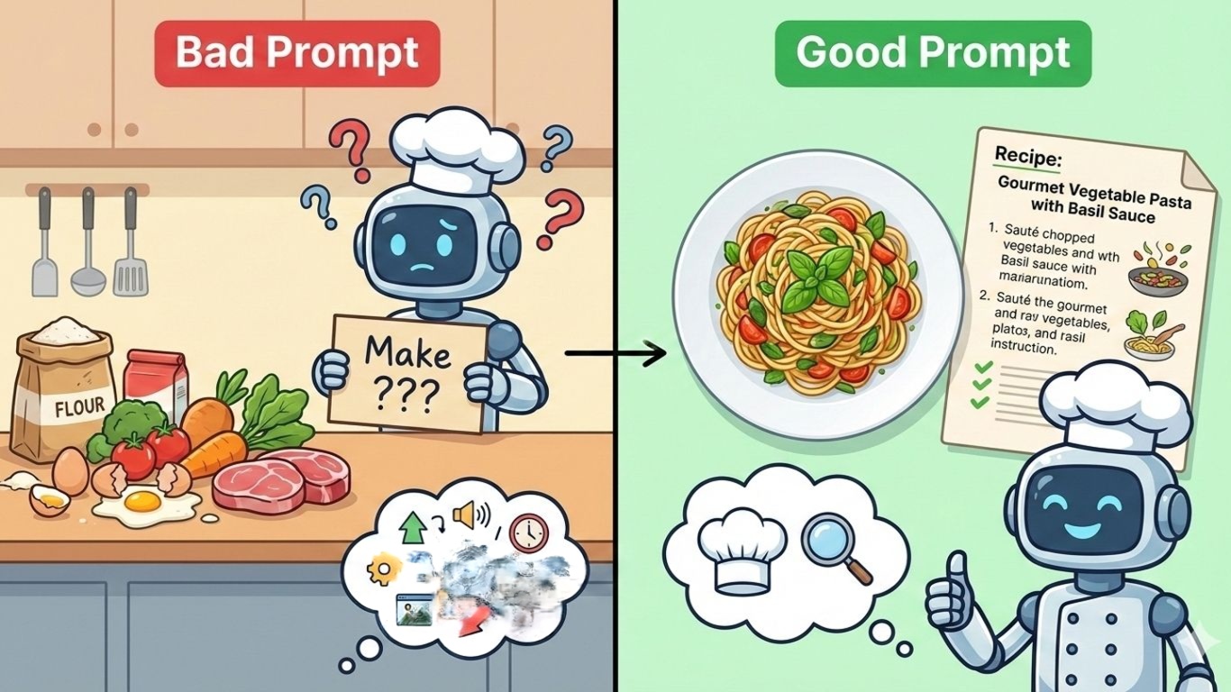 Split-screen illustration comparing a vague AI prompt to a mess of raw ingredients versus a clear prompt to a perfect gourmet meal.