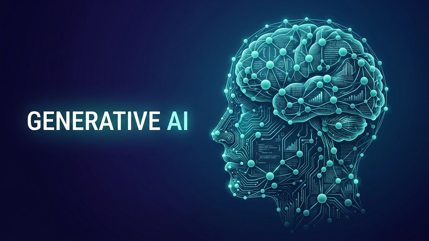 Generative AI head silhouette with glowing nodes.