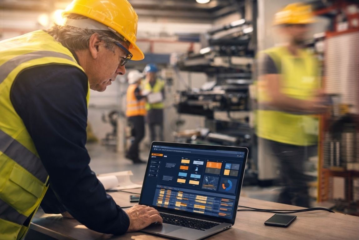 Factory manager in hard hat reviewing labor management software on laptop near production line