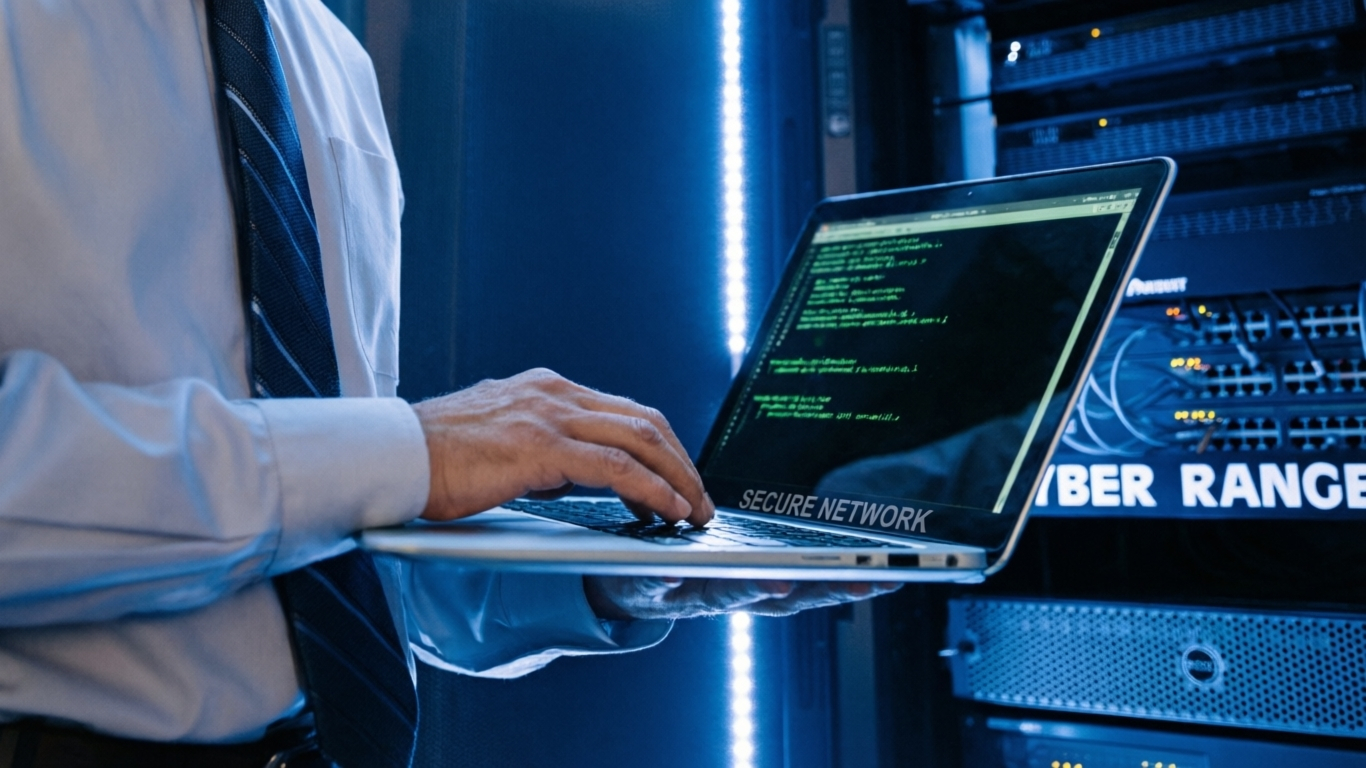 Professional working on laptop in data center.