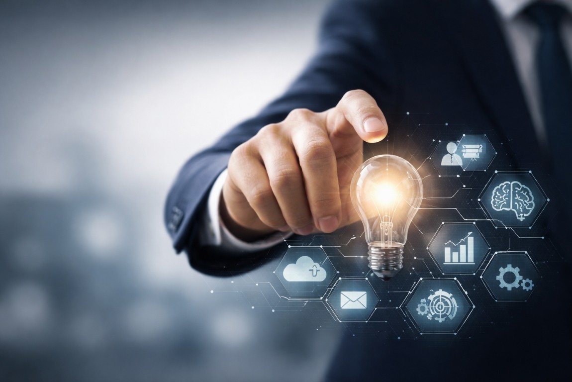 Executive pointing at tech lightbulb