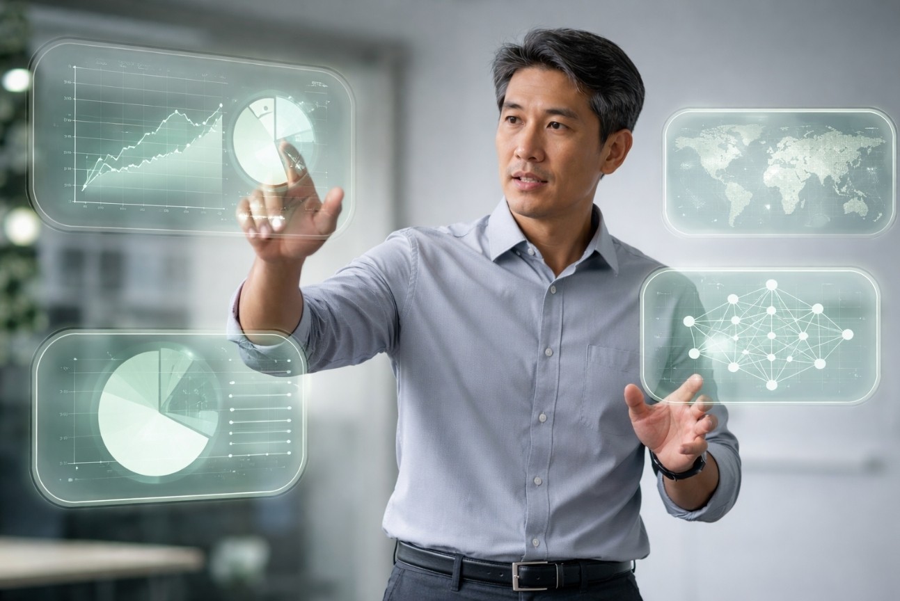 Professional analyzing holographic BI data visualizations.