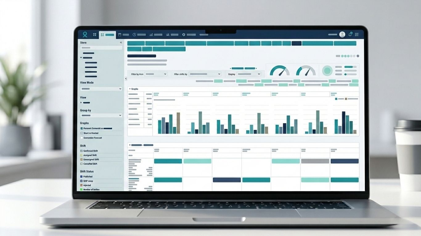 Laptop showing labor management scheduling dashboard with charts and weekly shift calendar