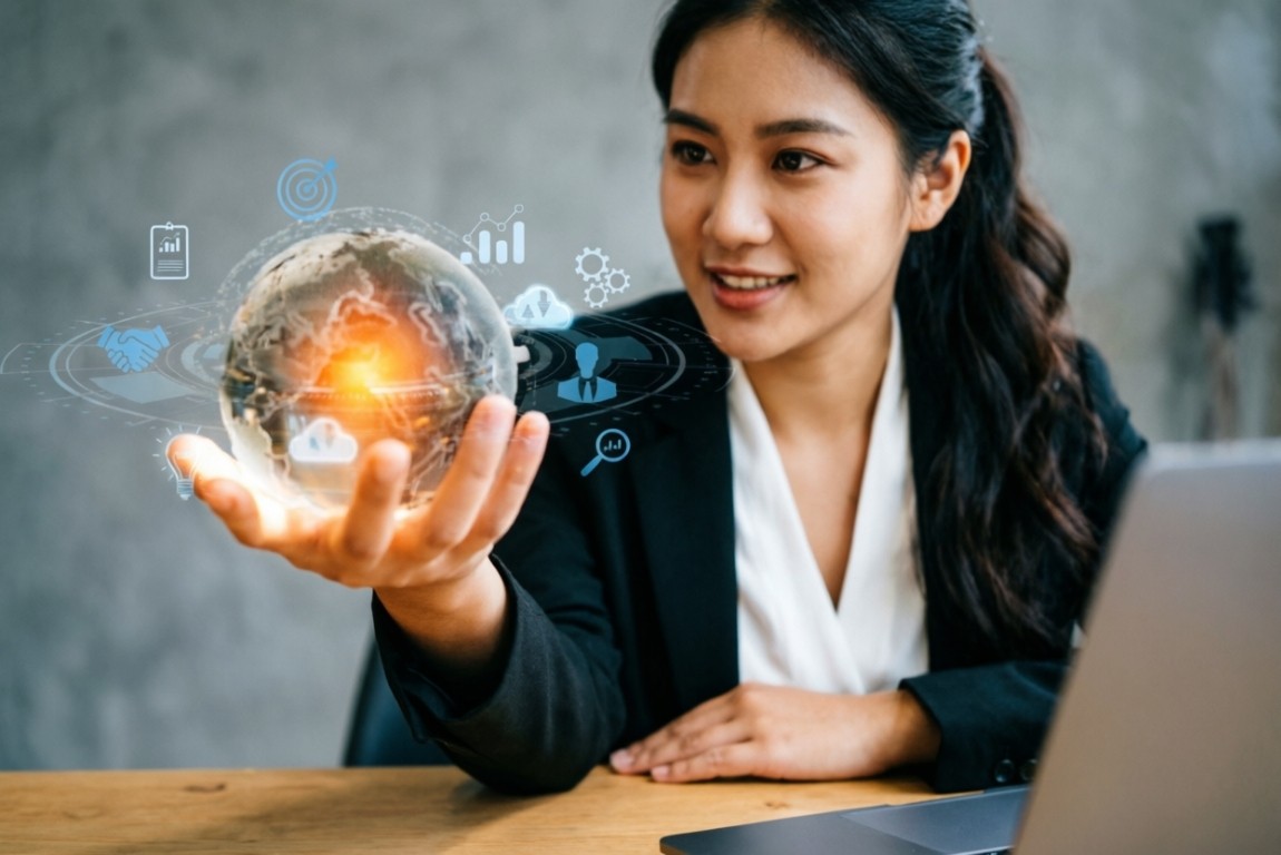 Professional holding glowing digital globe with icons.