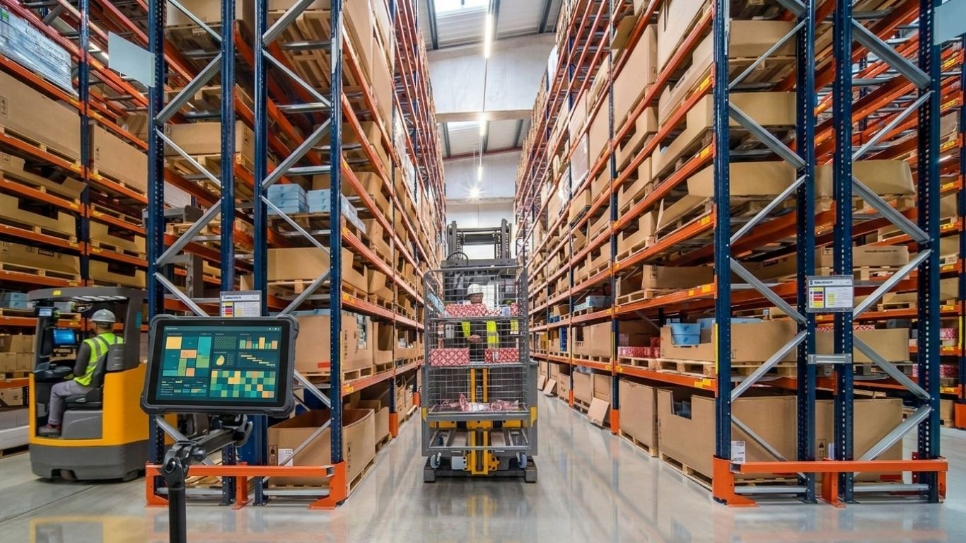 Large warehouse aisle with pallet racks and forklift operator using digital management system