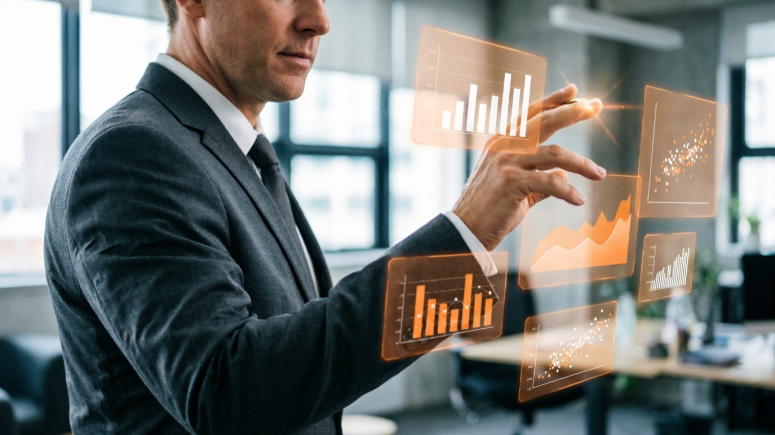 Businessman interacting with holographic analytics dashboards.