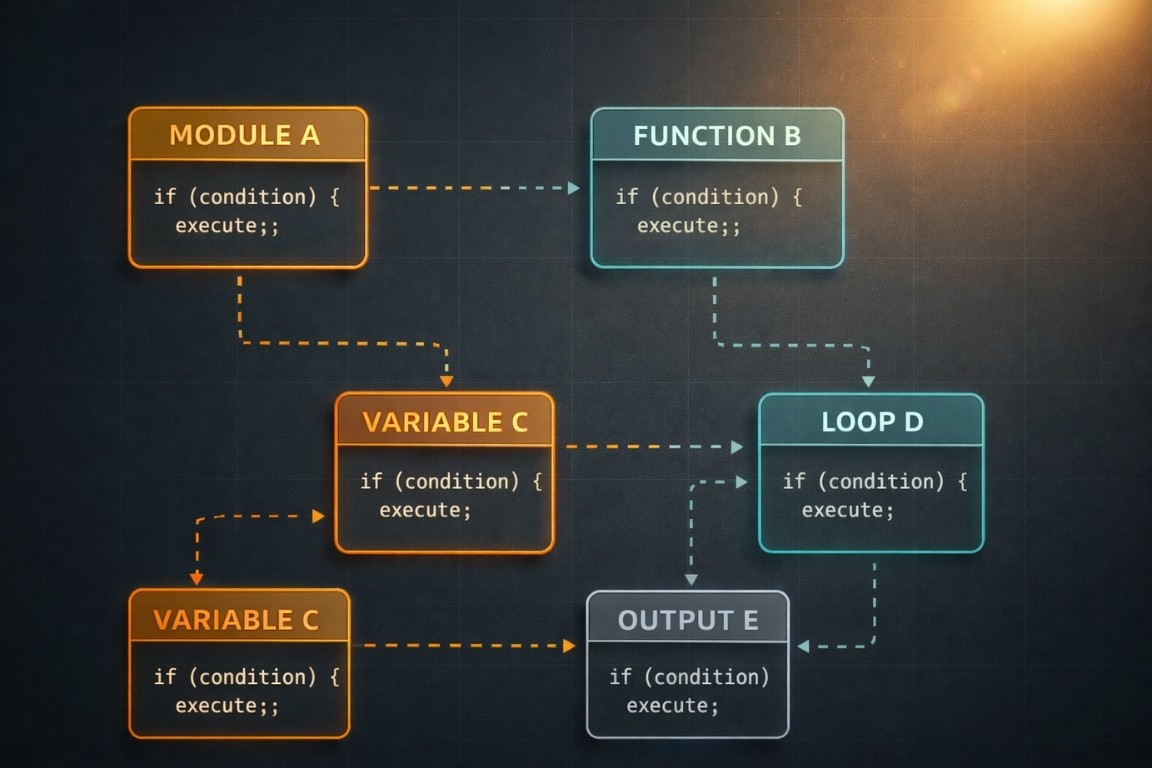 Abstract code and node visualization.