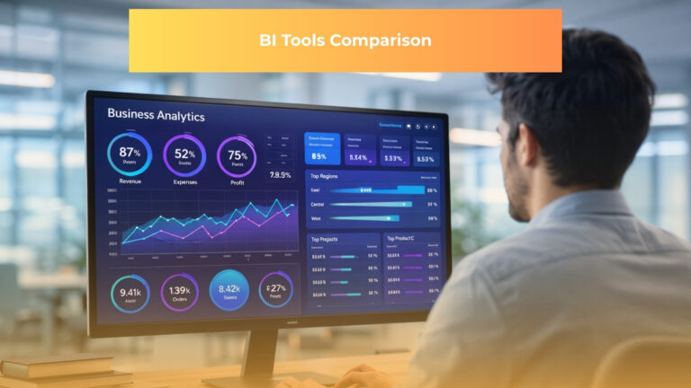Thumb image of Professional viewing BI analytics dashboard on screen.