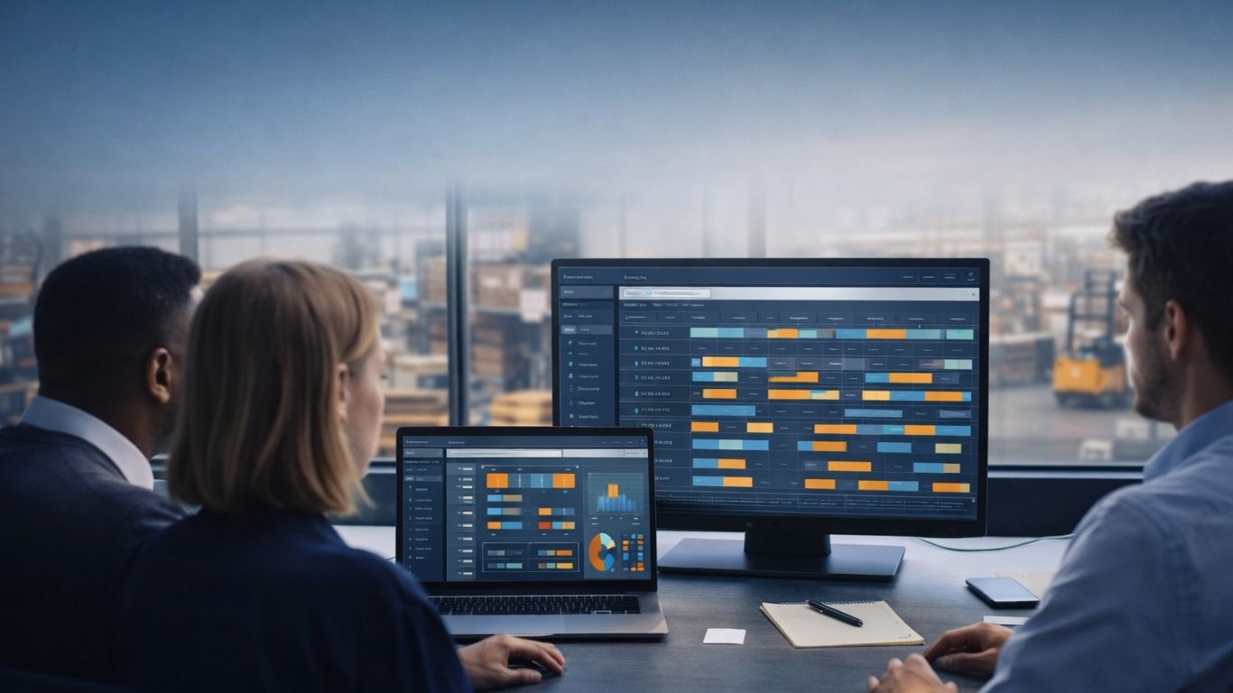 Managers overlooking warehouse while analyzing labor management dashboards in modern office hero image