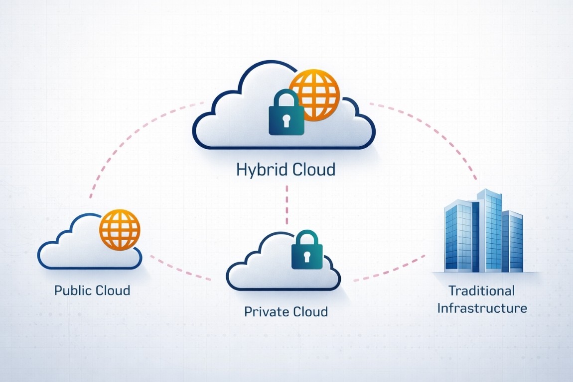 Hybrid cloud architecture connecting private public and traditional infrastructure