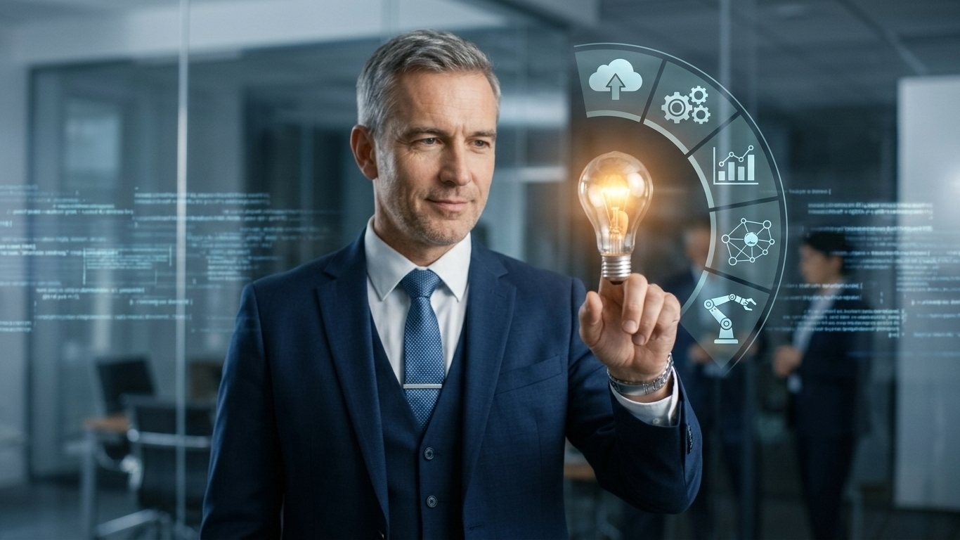 Executive touching glowing lightbulb with tech icons.