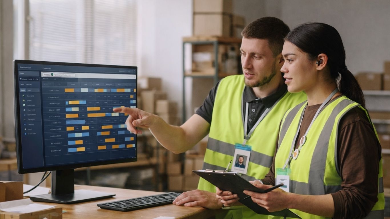 Warehouse supervisors reviewing digital labor schedule on computer with clipboard and packing boxes