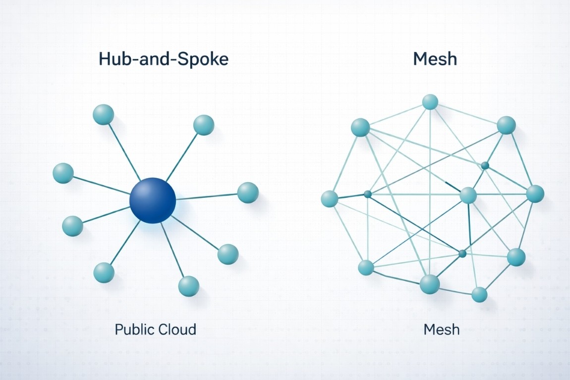 Hub-and-spoke versus mesh network topology comparison diagram