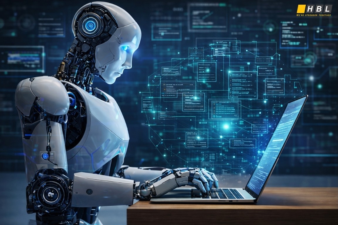 The Website Development Process in the Age of AI: Can ChatGPT Build Your Website? 10 AI robot coding website on laptop with hologram