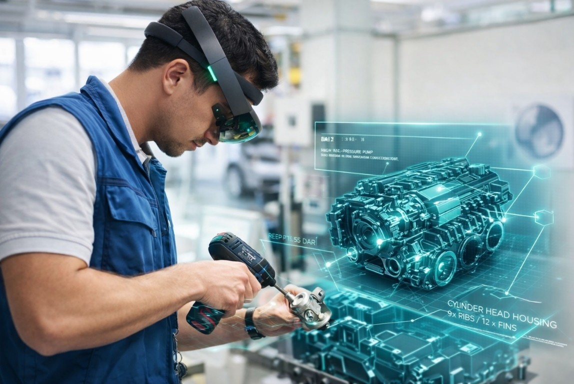 Augmented Reality and Virtual Reality in Manufacturing: Applications and Proven Results 7 Technician using AR glasses in assembly line