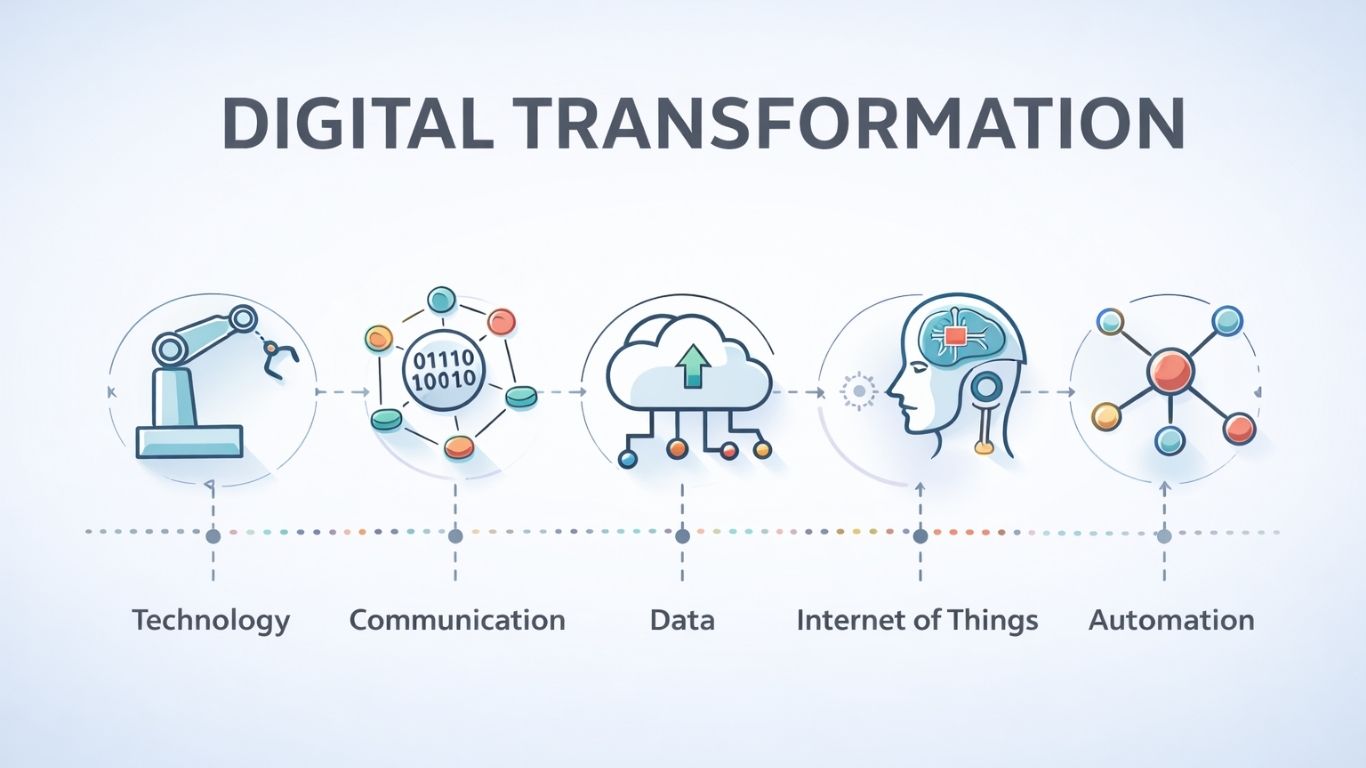 Infographic of digital transformation pillars and icons.