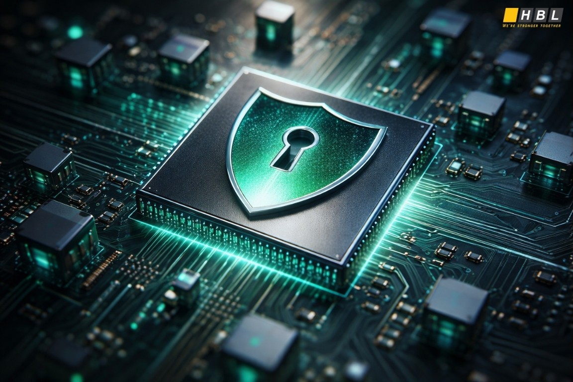 Cybersecurity shield protecting advanced circuit board technology