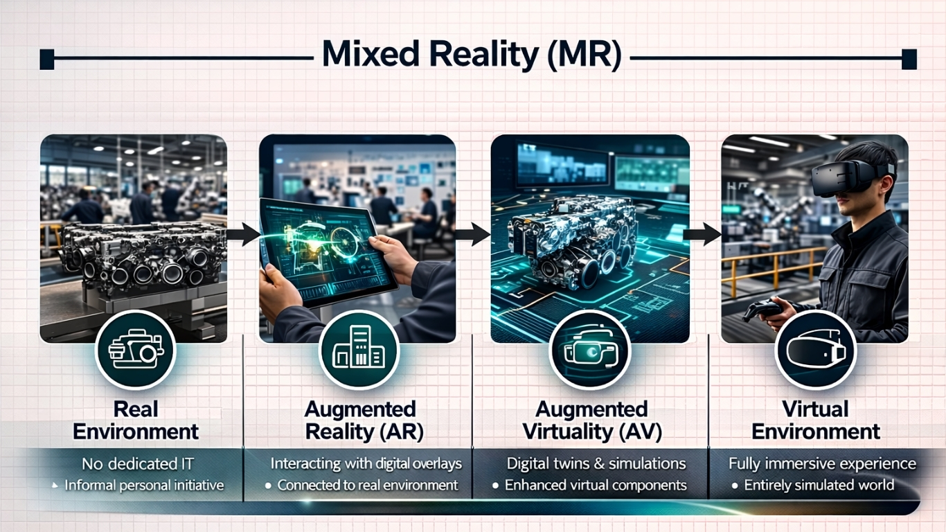 Augmented Reality and Virtual Reality in Manufacturing: Applications and Proven Results 5 Mixed reality spectrum diagram