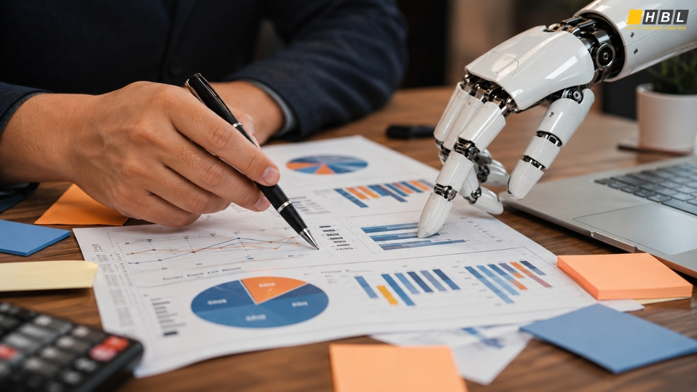 Human and robot hands collaborating on business documents